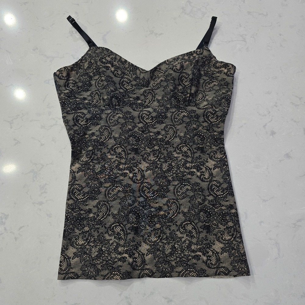 Y2K Vintage Glam Black Flocked Paisley Lace Cami Tan L Whimsigoth Coquette
